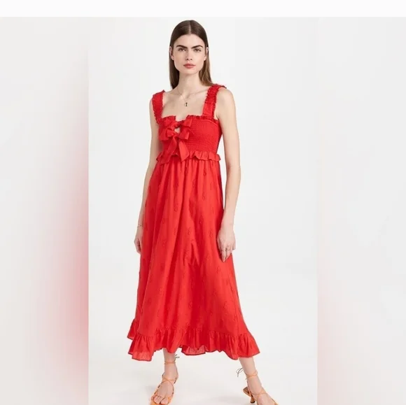 knee length dresses for ladies Red Artisanal Cut-Out Embroidered Euroflax  Premium Linen Maxi Dress main image 1